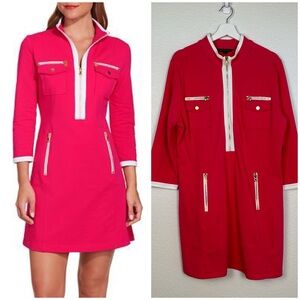 Boston Proper Three Quarter Sleeve Chic Zip Dress Pink Sporty Athleisure Sz XL